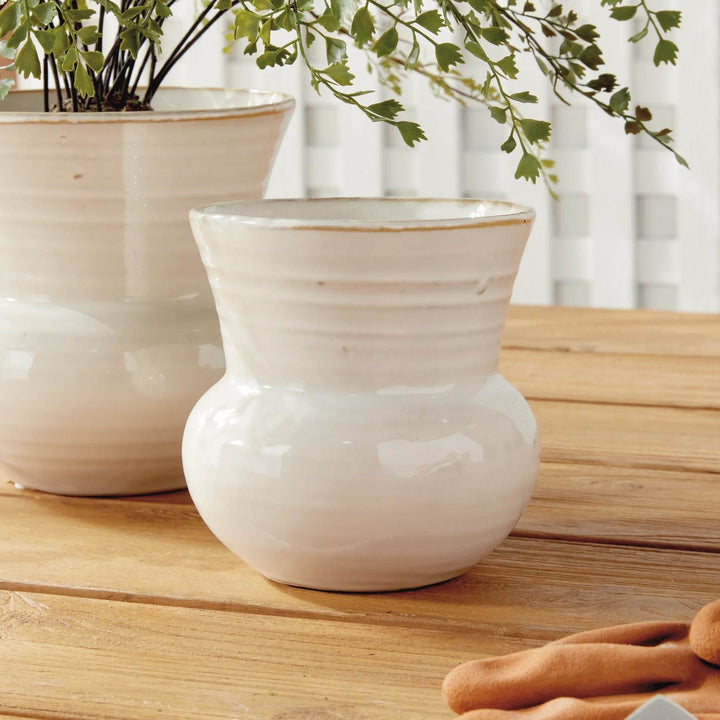Small Cream Stoneware Planter Pot with Drain Hole - Reactive Glaze Finish