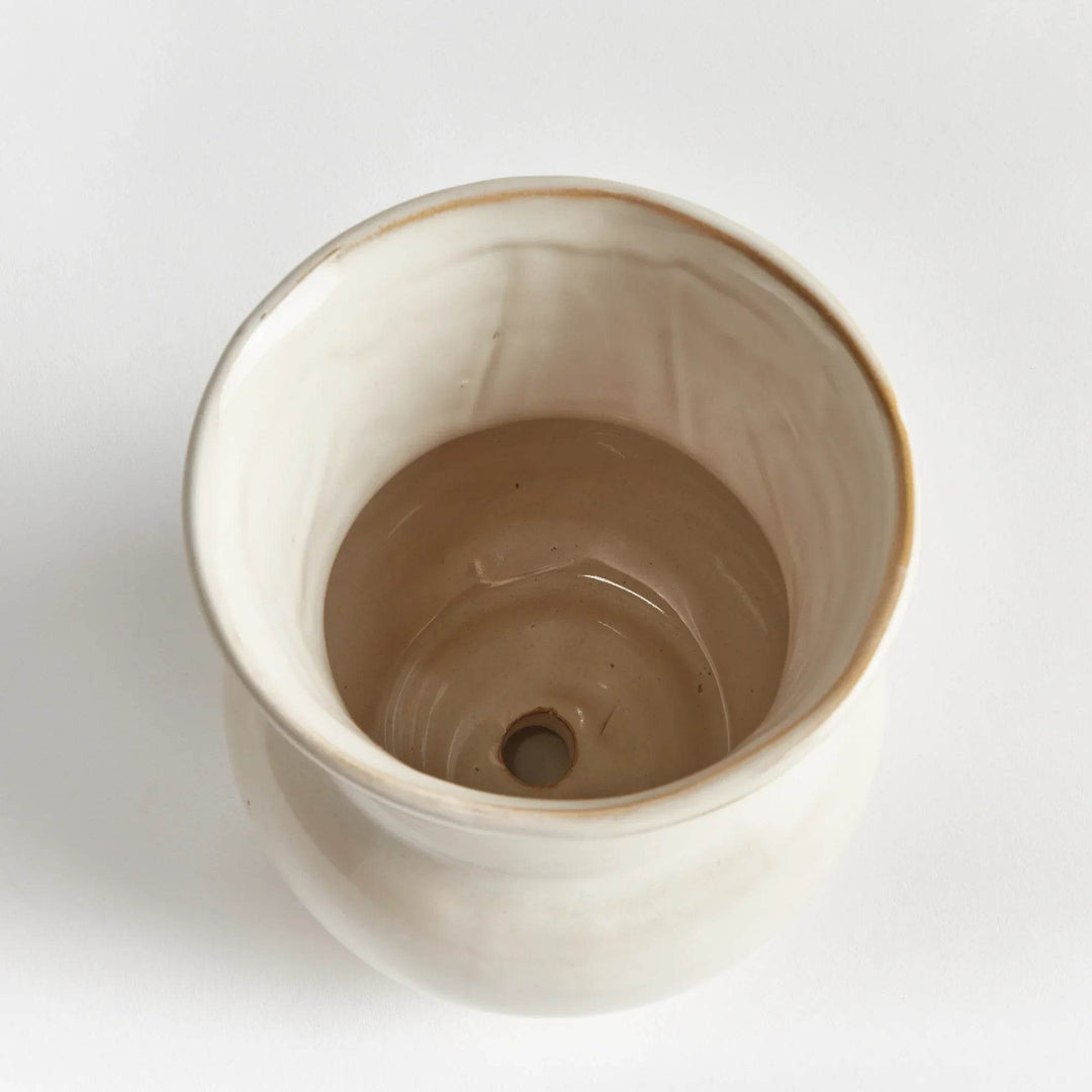 Small Cream Stoneware Planter Pot with Drain Hole - Reactive Glaze Finish
