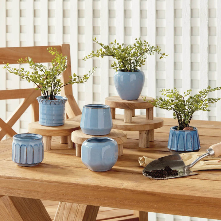 Mini Blue Stoneware Planter Pots - Set of 6 with Drain Holes
