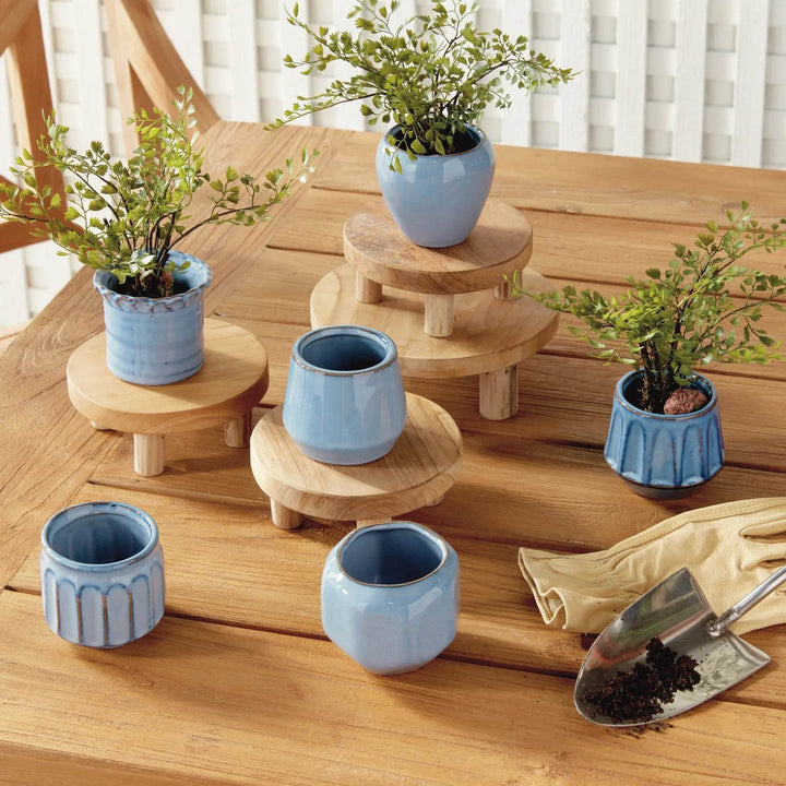 Mini Blue Stoneware Planter Pots - Set of 6 with Drain Holes