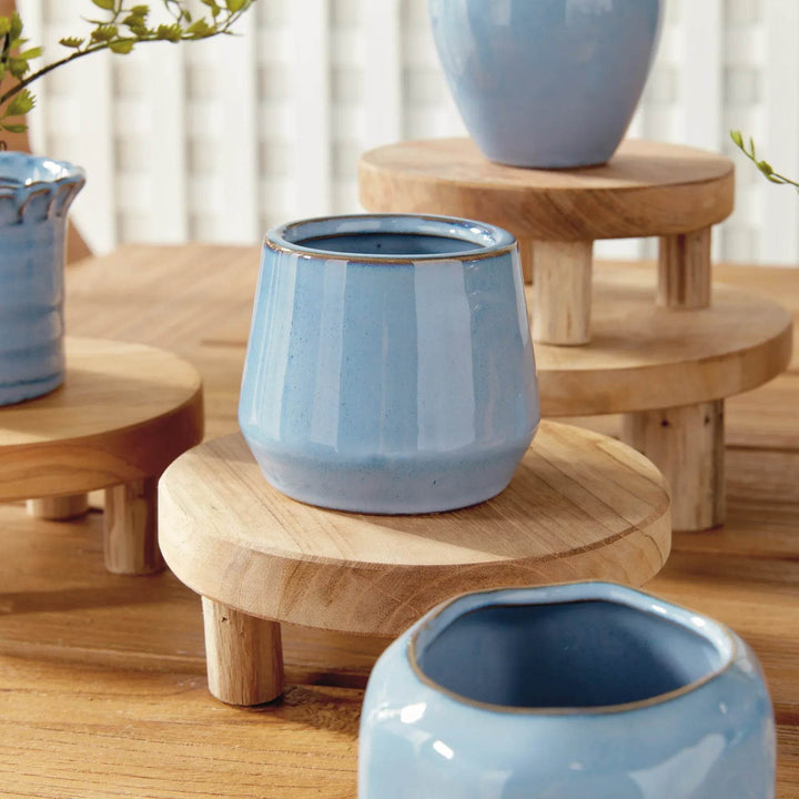 Mini Blue Stoneware Planter Pots - Set of 6 with Drain Holes