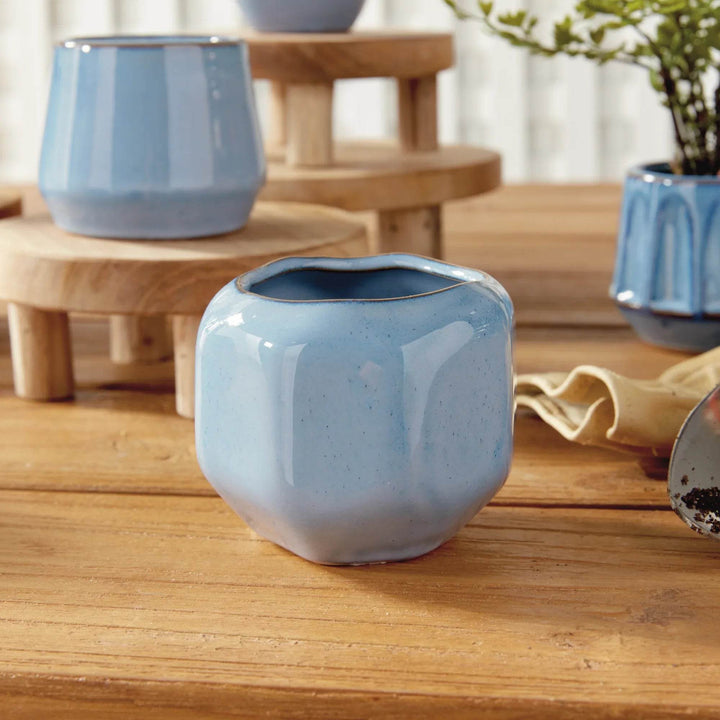 Mini Blue Stoneware Planter Pots - Set of 6 with Drain Holes