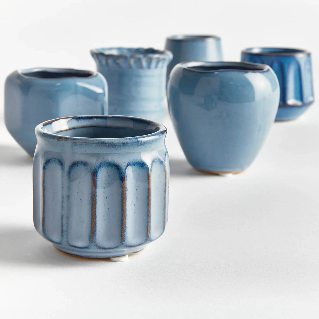 Mini Blue Stoneware Planter Pots - Set of 6 with Drain Holes