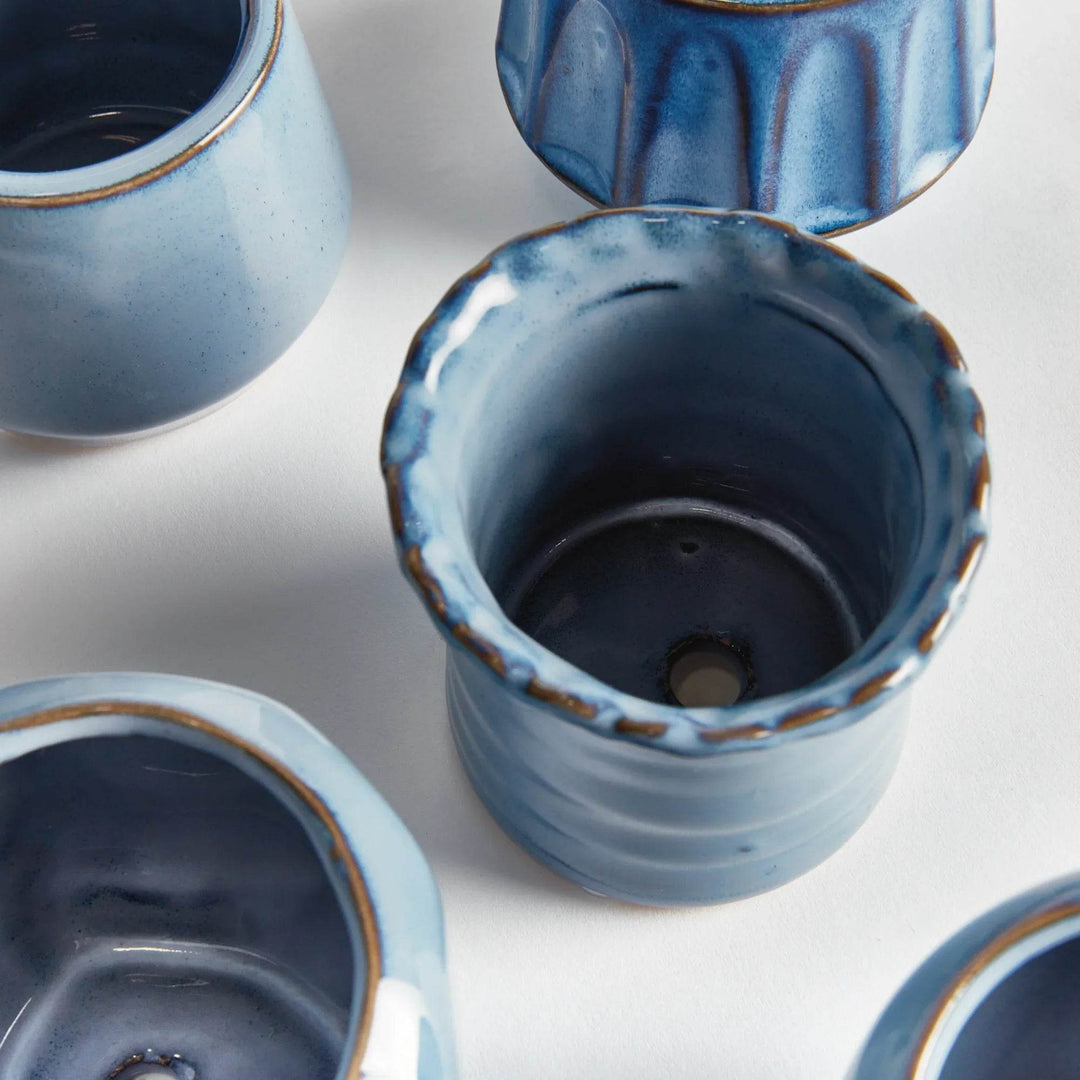 Mini Blue Stoneware Planter Pots - Set of 6 with Drain Holes