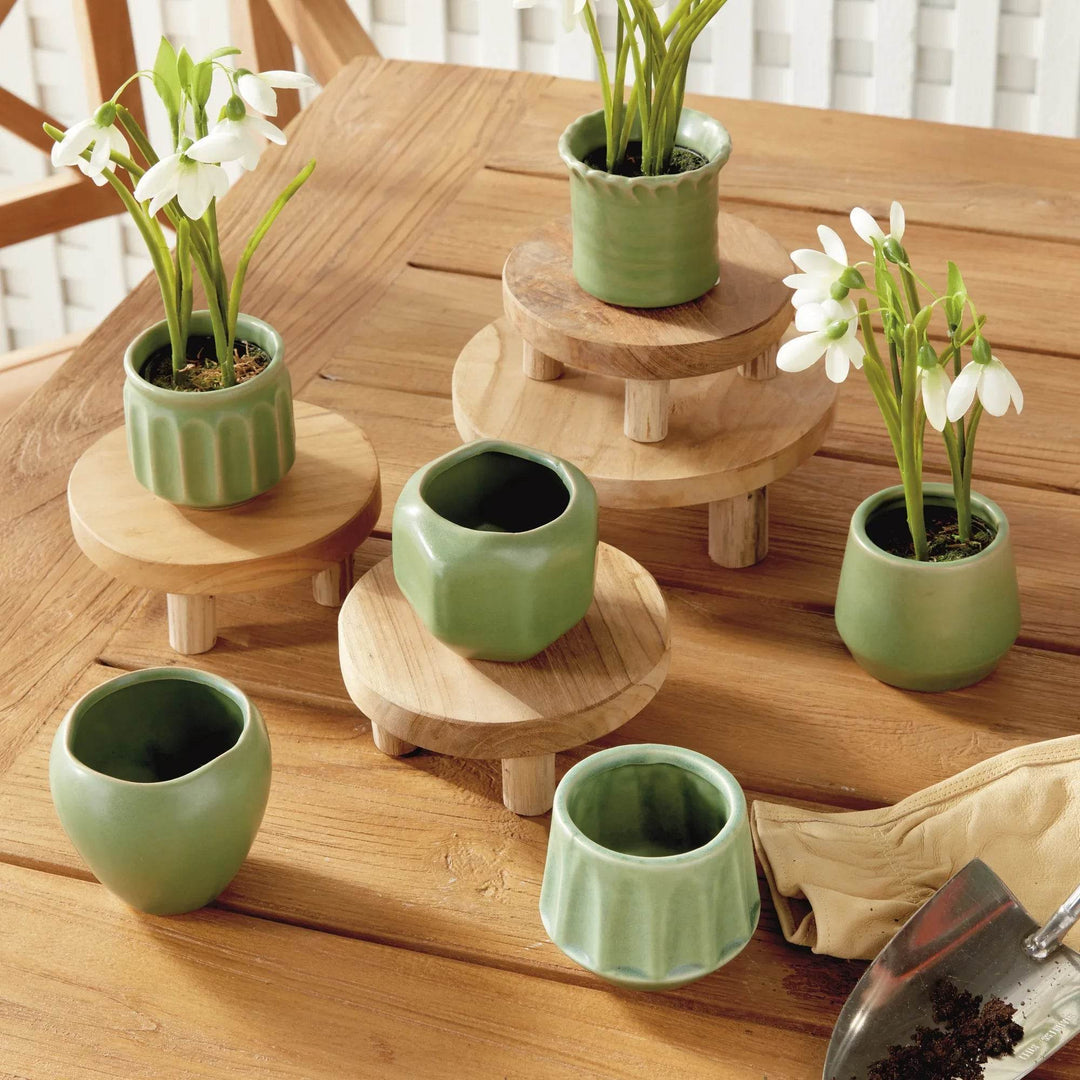Mini Green Stoneware Planter Pots Set Of 6 With Drain Holes - Delamere Design