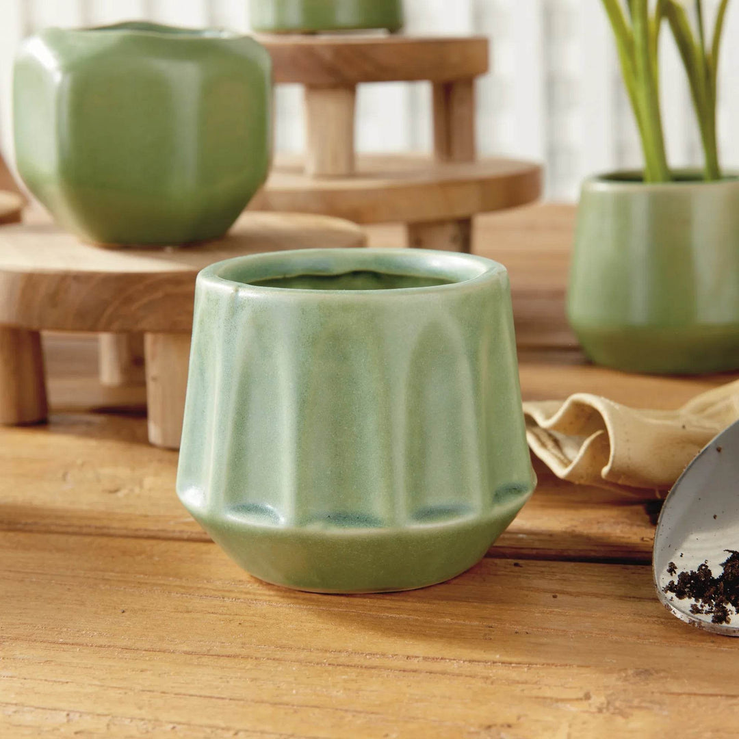 Mini Green Stoneware Planter Pots Set Of 6 With Drain Holes - Delamere Design