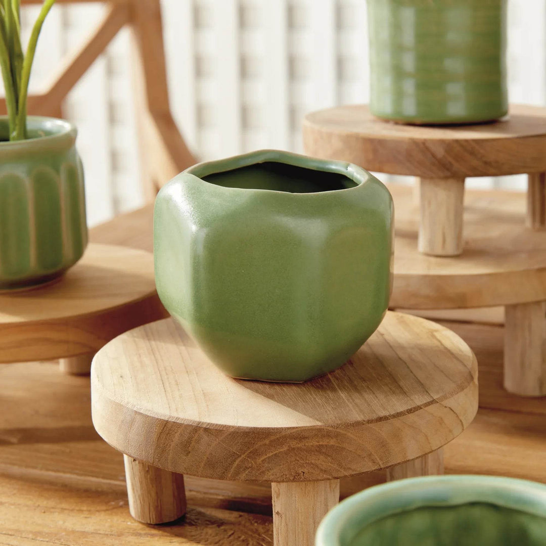 Mini Green Stoneware Planter Pots Set Of 6 With Drain Holes - Delamere Design