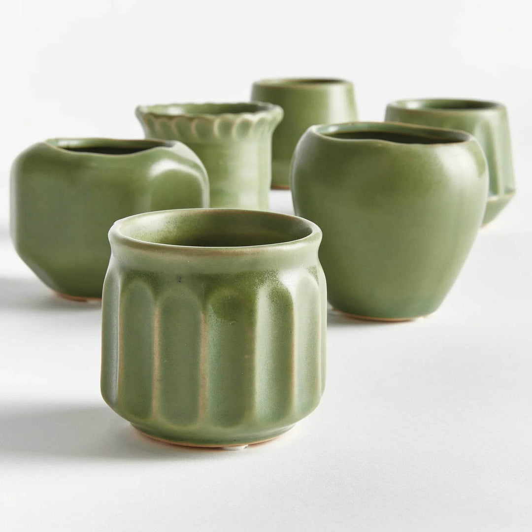 Mini Green Stoneware Planter Pots Set Of 6 With Drain Holes - Delamere Design