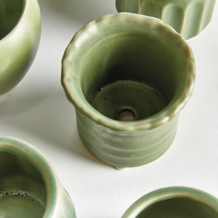 Mini Green Stoneware Planter Pots Set Of 6 With Drain Holes - Delamere Design