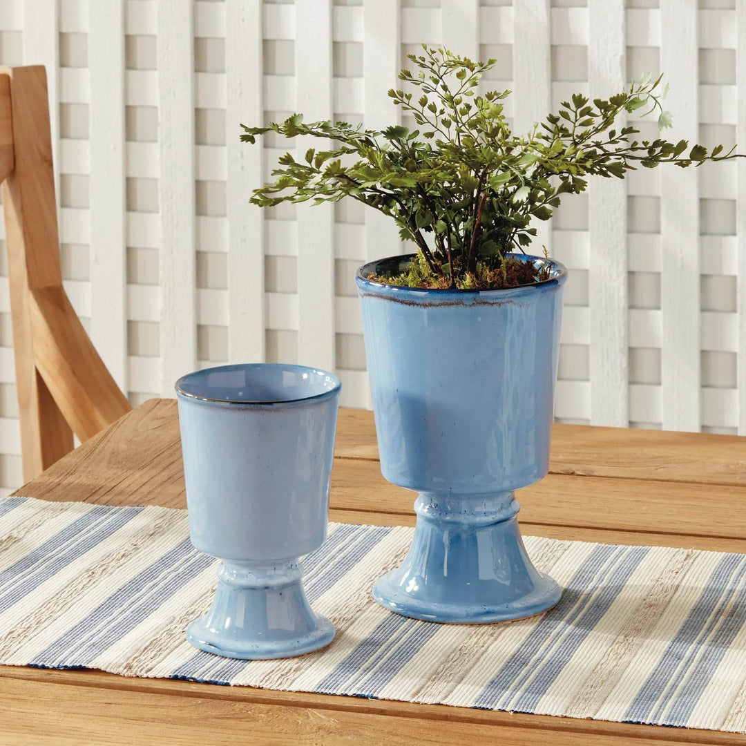 Footed Blue Ceramic Cachepot Planters - Set of 2