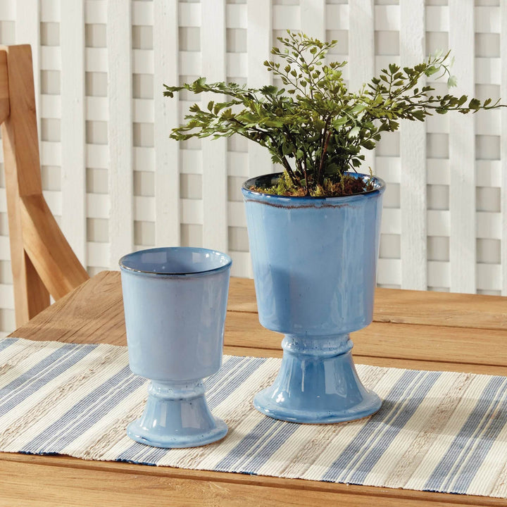 Footed Blue Ceramic Cachepot Planters - Set of 2