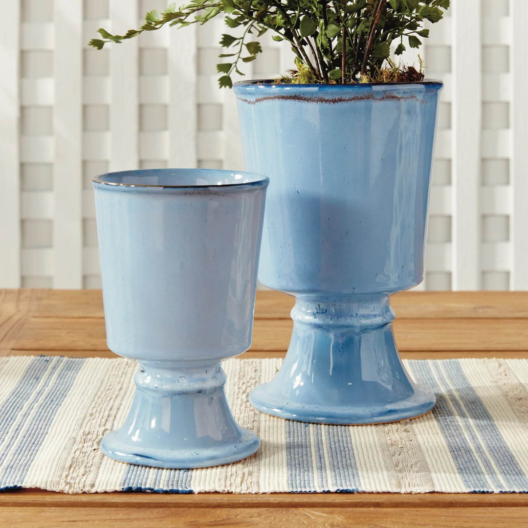 Footed Blue Ceramic Cachepot Planters - Set of 2
