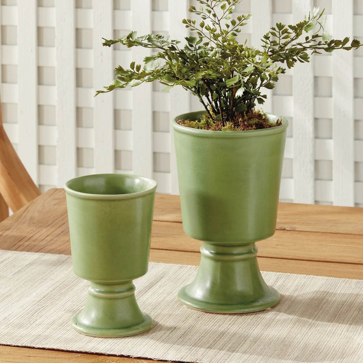 Green Footed Ceramic Cachepot Planters - Set of 2