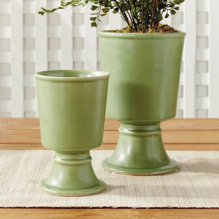 Green Footed Ceramic Cachepot Planters - Set of 2