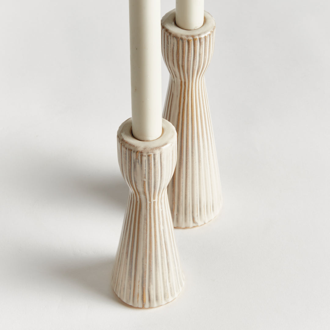Set of 2 Cream Ceramic Taper Candle Holders – Modern Fluted Stoneware