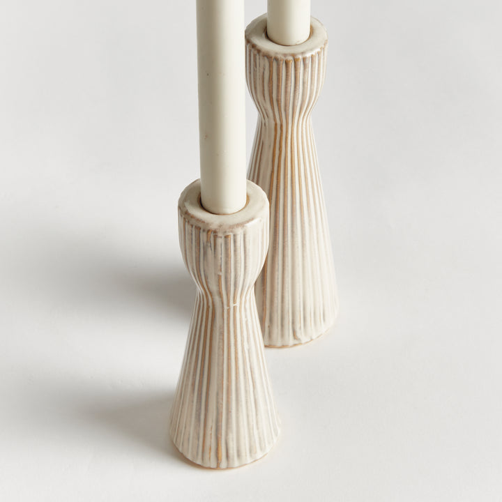 Set of 2 Cream Ceramic Taper Candle Holders – Modern Fluted Stoneware