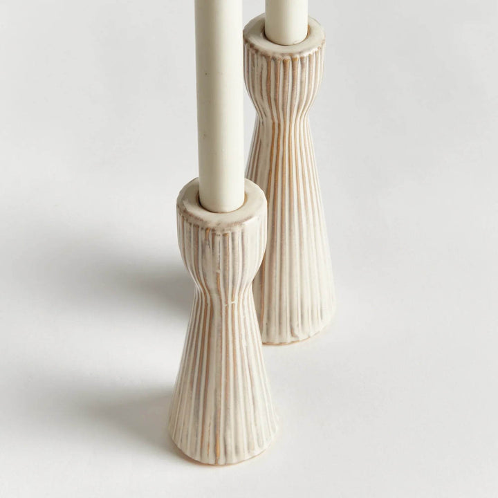 Set Of 2 Cream Ceramic Taper Candle Holders “ Modern Fluted Stoneware - Delamere Design