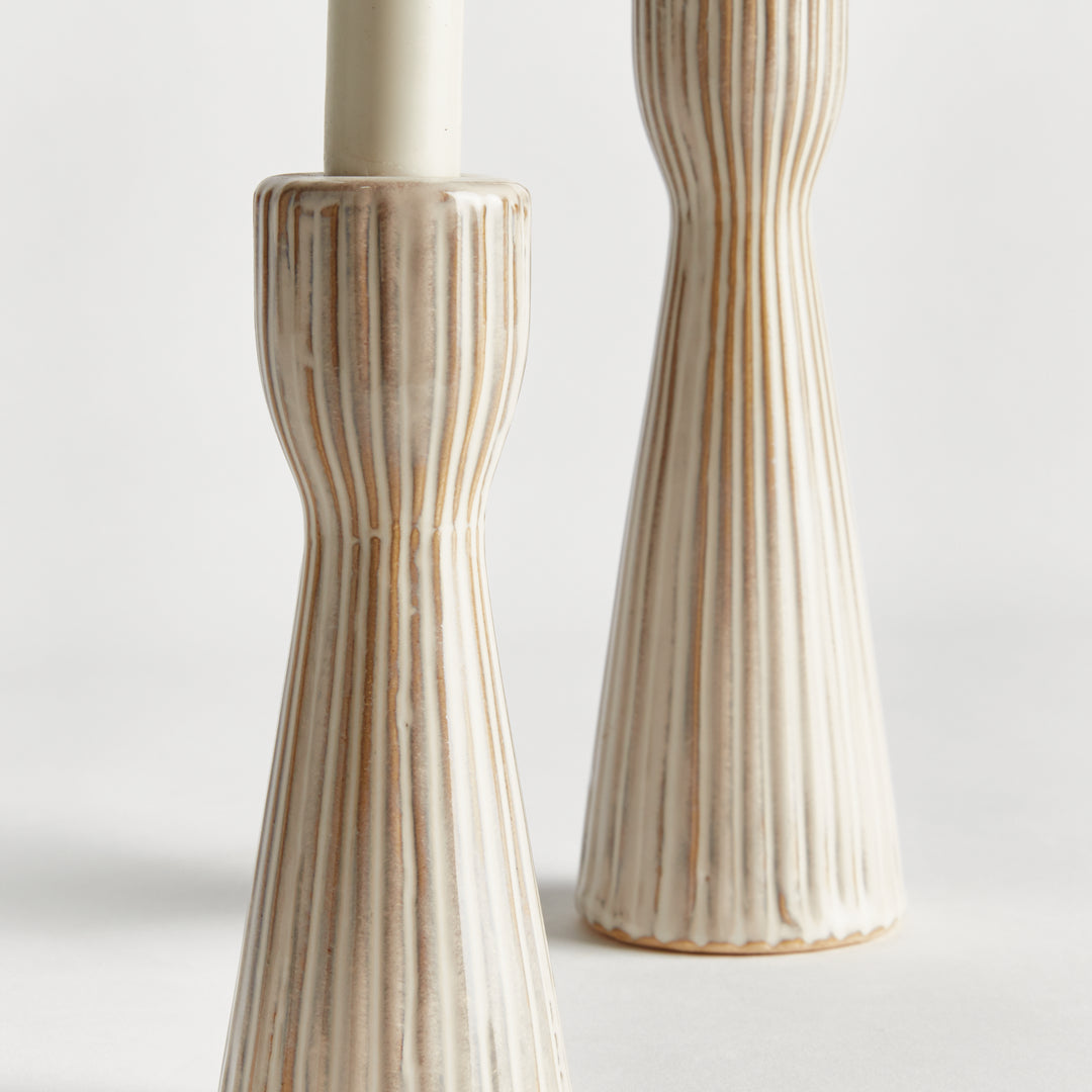 Set of 2 Cream Ceramic Taper Candle Holders – Modern Fluted Stoneware