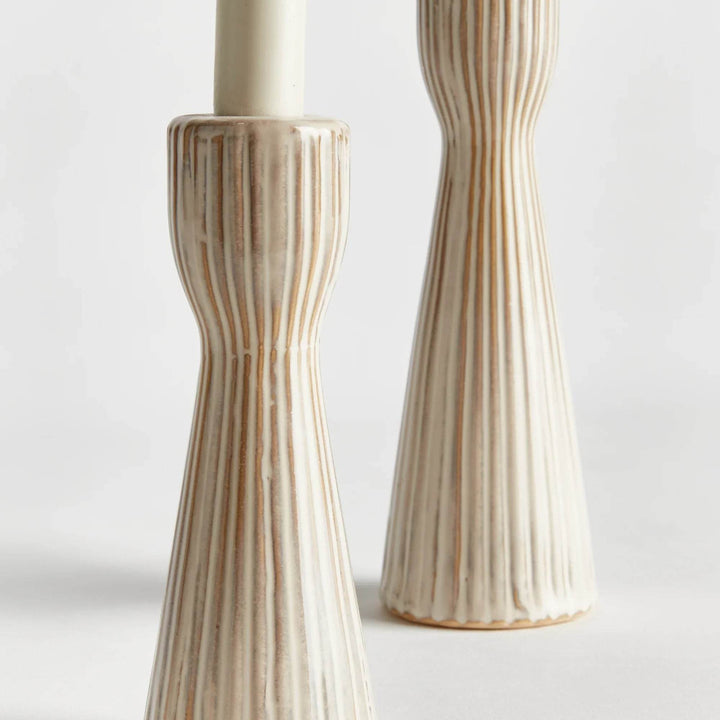 Set Of 2 Cream Ceramic Taper Candle Holders “ Modern Fluted Stoneware - Delamere Design