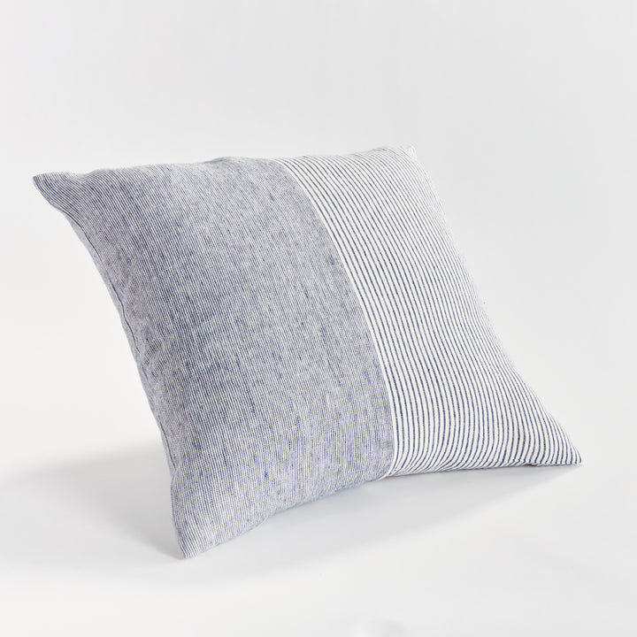 Alternate side angle of navy and ivory striped linen pillow highlighting natural linen texture


