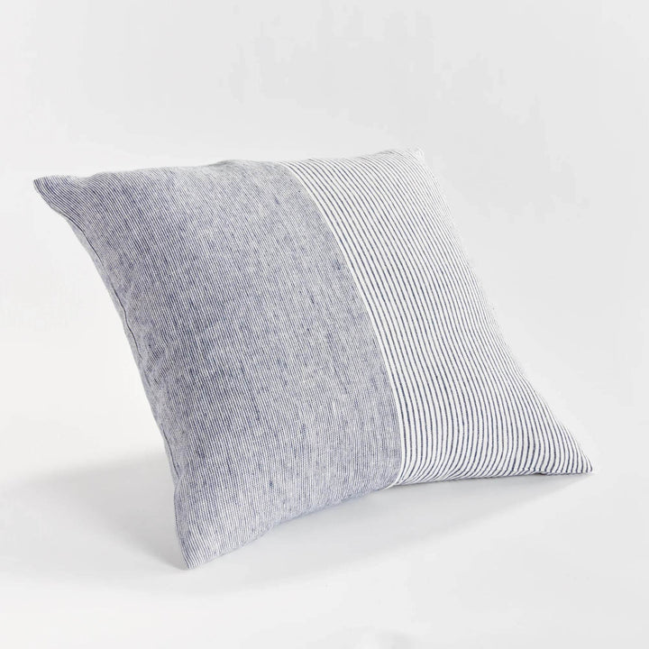 Alternate side angle of navy and ivory striped linen pillow highlighting natural linen texture


