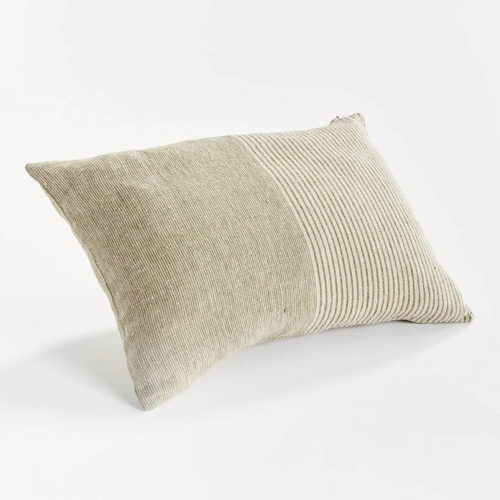 Delamere Design 14x20 lumbar pillow in pinstriped green and flax linen, styled with clean edges and refined tailoring for modern coastal interiors.

