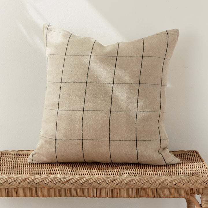 Luxury European Flax Linen Throw Pillow 24" in Flax and Black