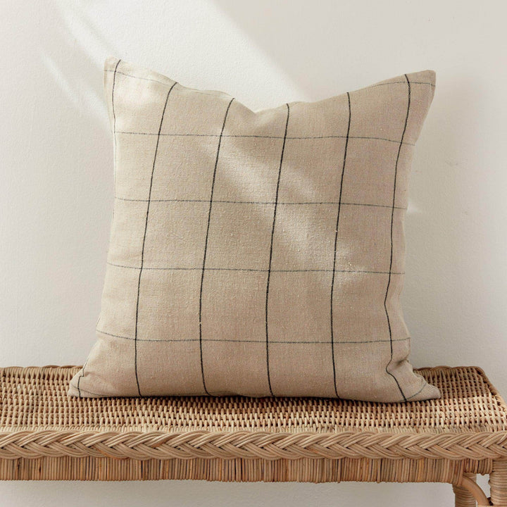 Luxury European Flax Linen Throw Pillow 24" in Flax and Black