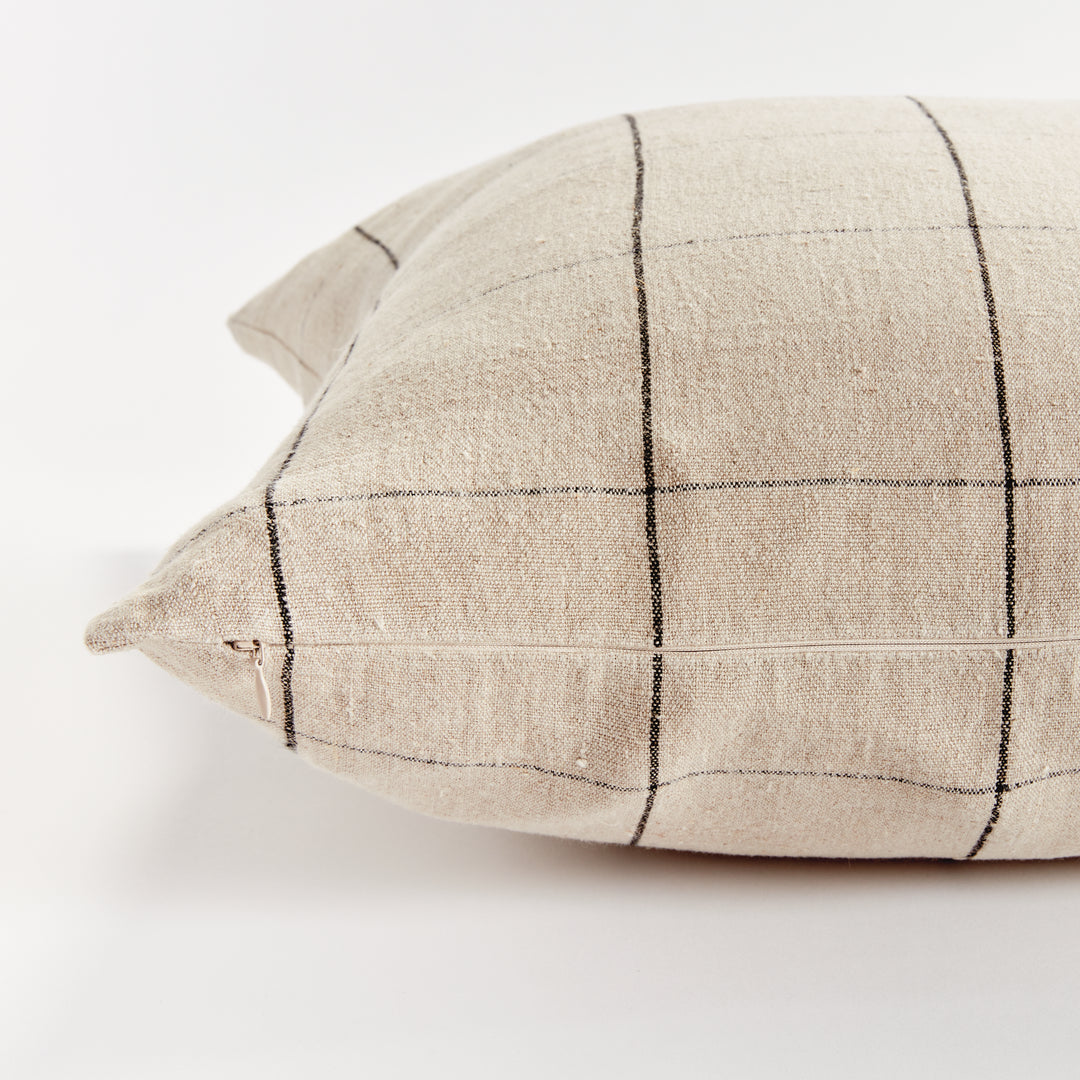 Luxury European Flax Linen Throw Pillow 24" in Flax and Black