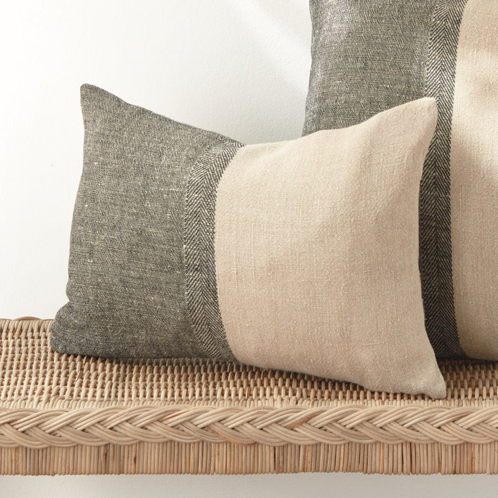 Black and Natural Linen Lumbar Throw Pillow 14x20