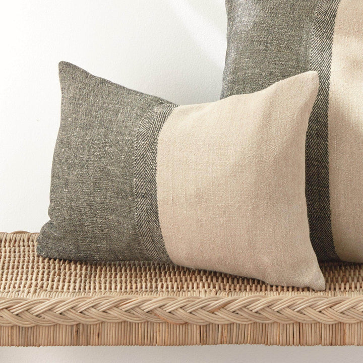 Black and Natural Linen Lumbar Throw Pillow 14x20