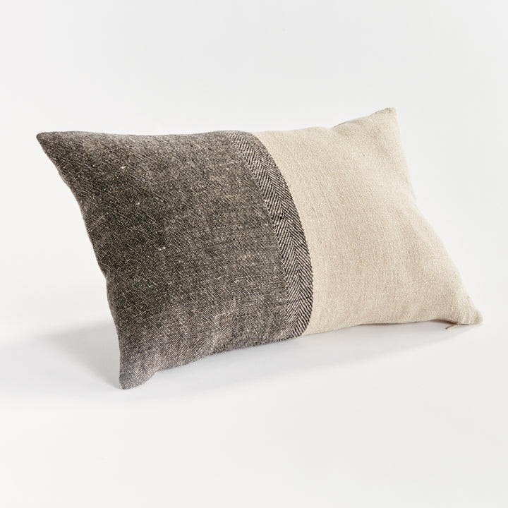 Black and Natural Linen Lumbar Throw Pillow 14x20