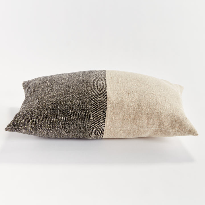 Black and Natural Linen Lumbar Throw Pillow 14x20