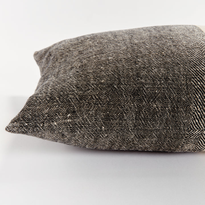 Black and Natural Linen Lumbar Throw Pillow 14x20