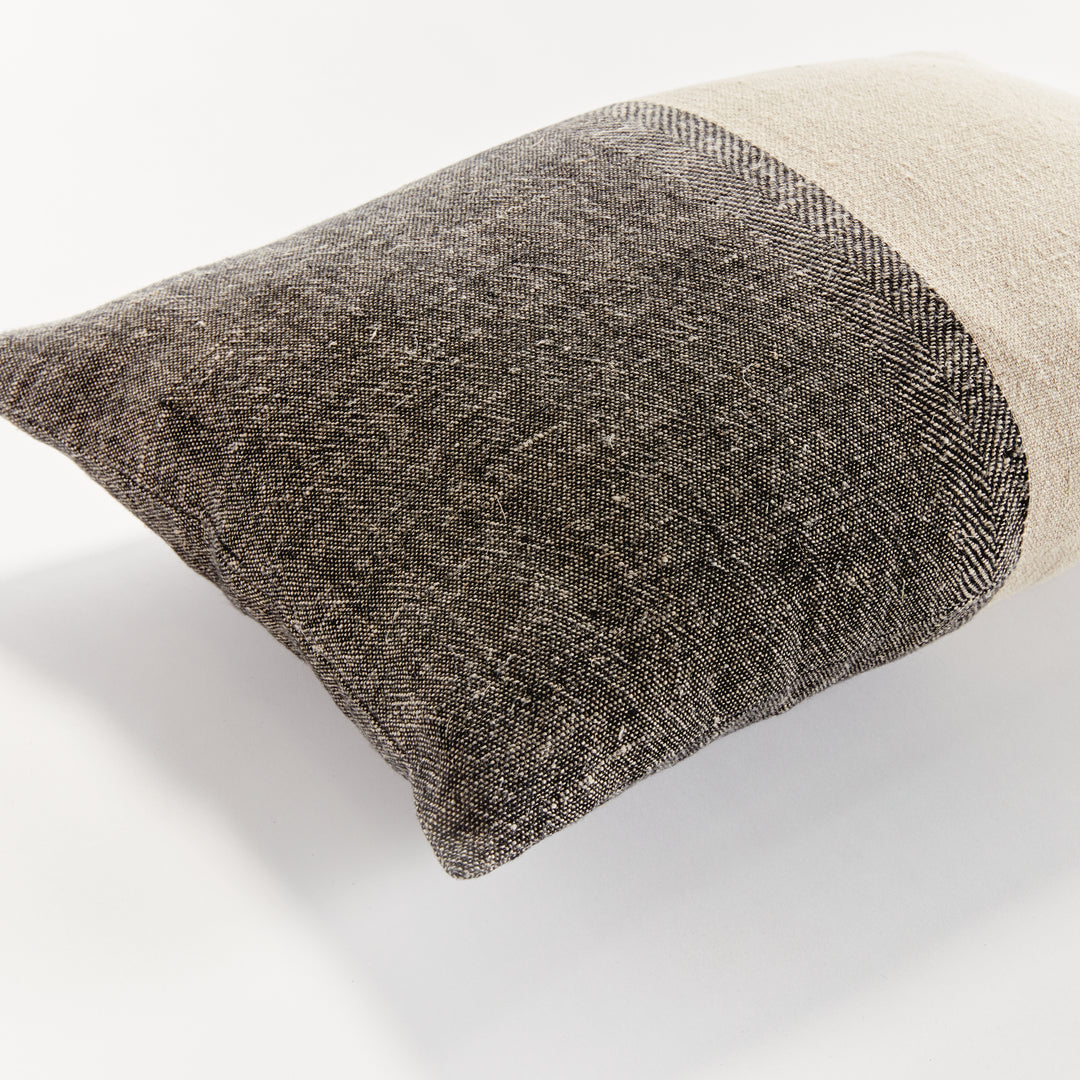Black and Natural Linen Lumbar Throw Pillow 14x20