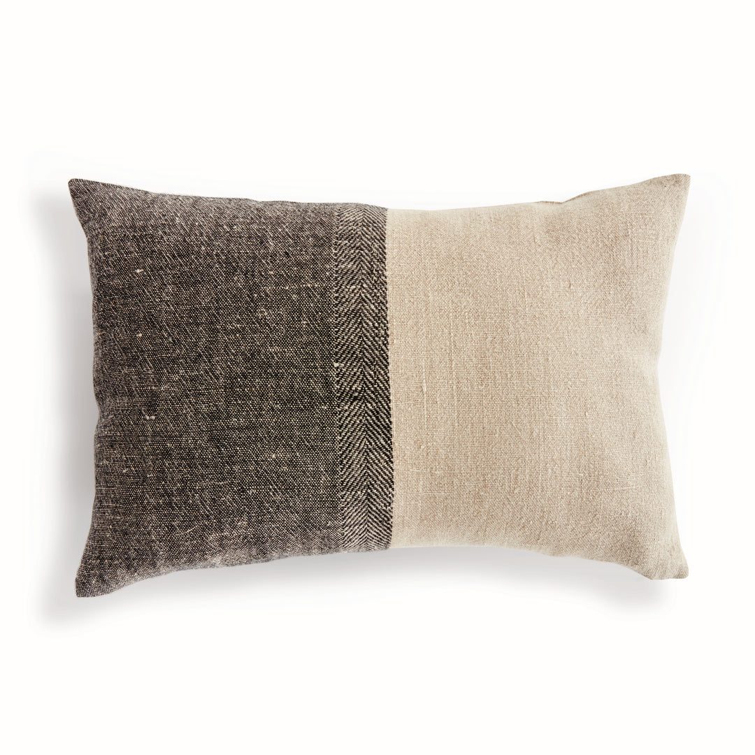 Black and Natural Linen Lumbar Throw Pillow 14x20