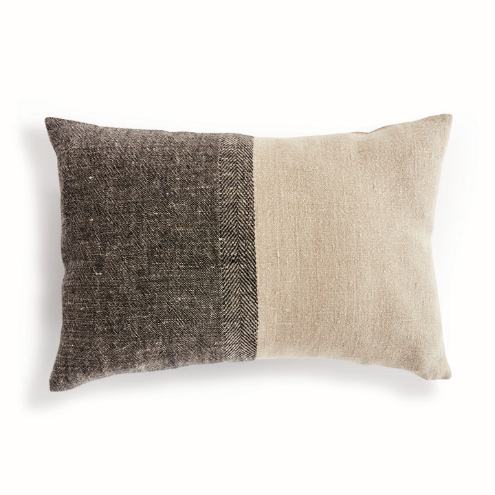 Black and Natural Linen Lumbar Throw Pillow 14x20