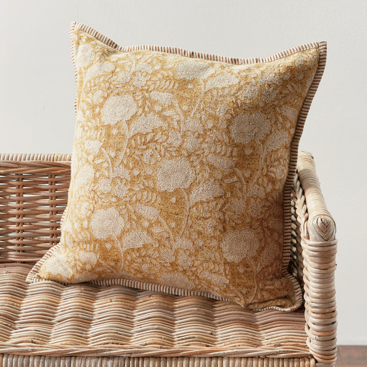 Earthy Ochre Block Print Linen Pillow 20" with Down Alternative