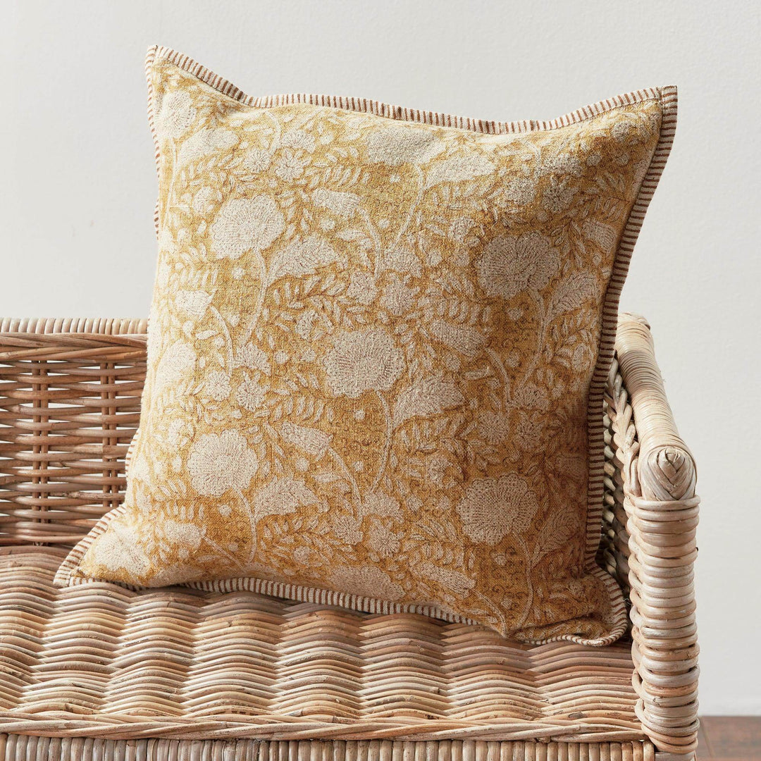 Earthy Ochre Block Print Linen Pillow 20" with Down Alternative
