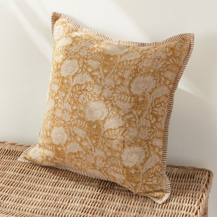 Earthy Ochre Block Print Linen Pillow 20" with Down Alternative