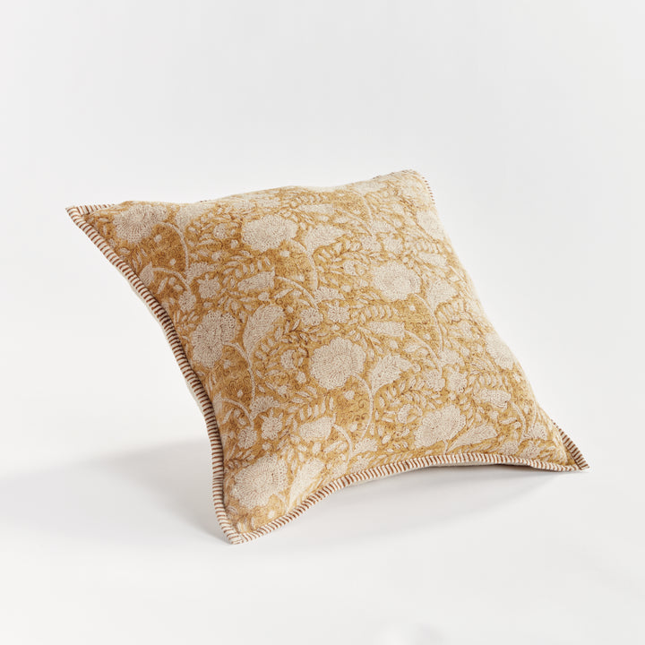 Earthy Ochre Block Print Linen Pillow 20" with Down Alternative