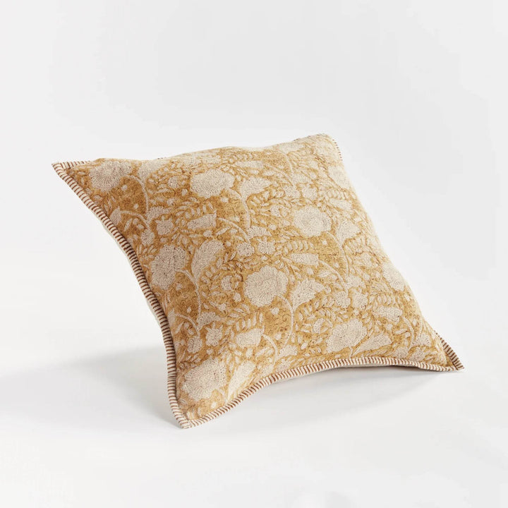 Earthy Ochre Block Print Linen Pillow 20" with Down Alternative