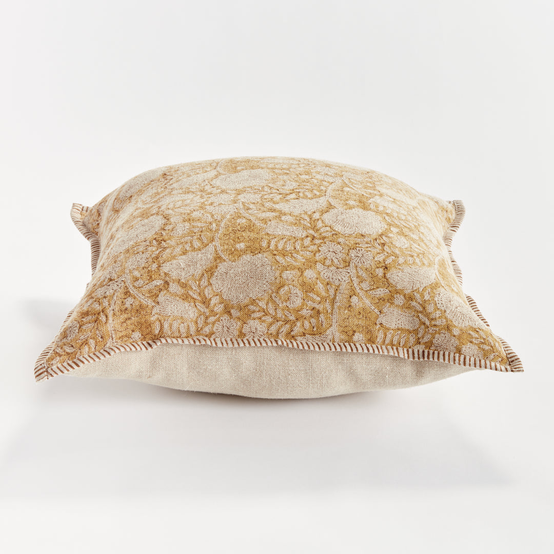 Earthy Ochre Block Print Linen Pillow 20" with Down Alternative