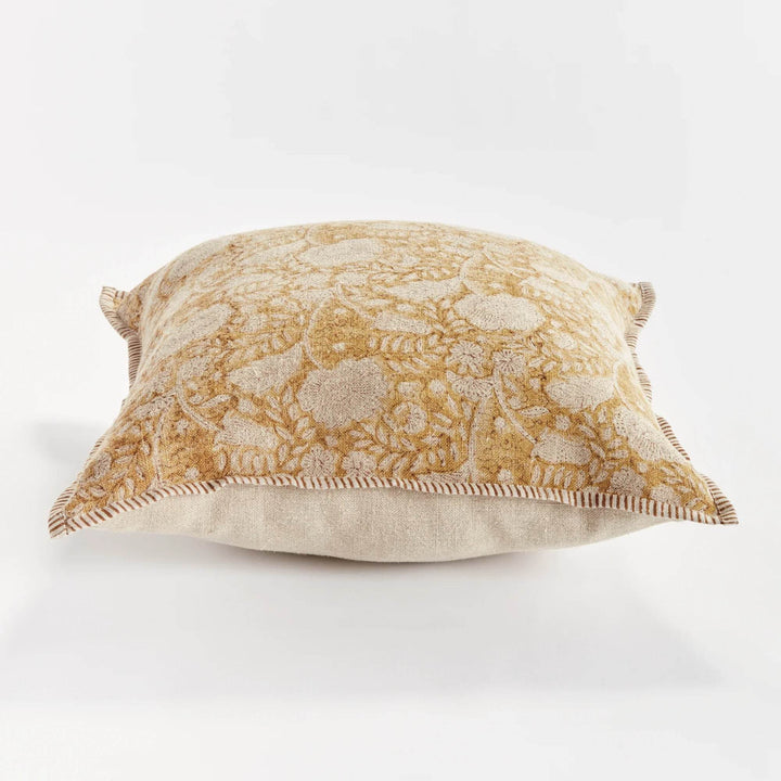 Earthy Ochre Block Print Linen Pillow 20" with Down Alternative