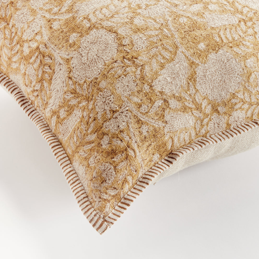 Earthy Ochre Block Print Linen Pillow 20" with Down Alternative