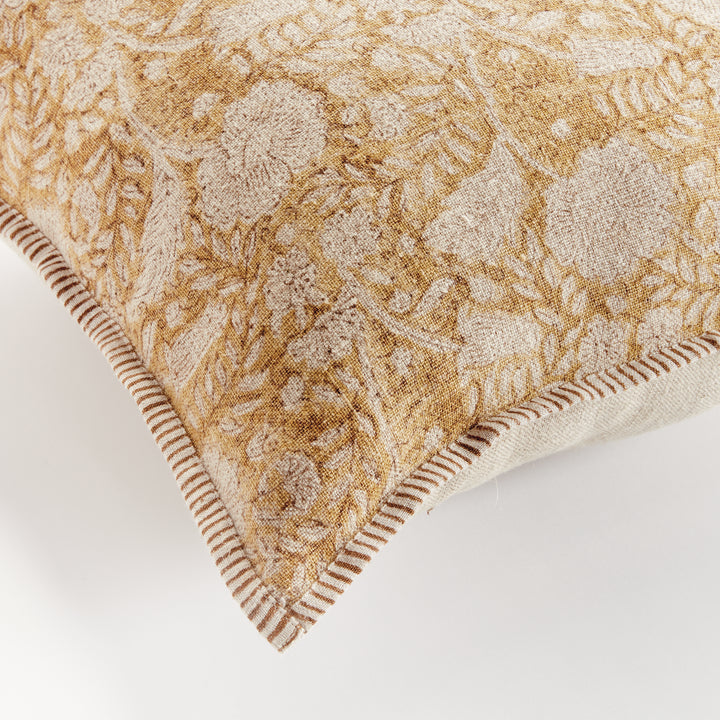 Earthy Ochre Block Print Linen Pillow 20" with Down Alternative