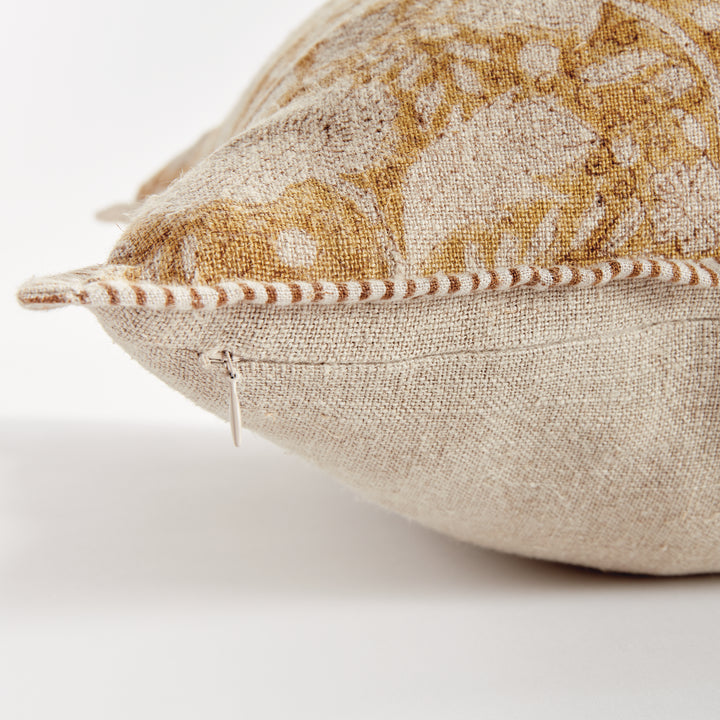 Earthy Ochre Block Print Linen Pillow 20" with Down Alternative