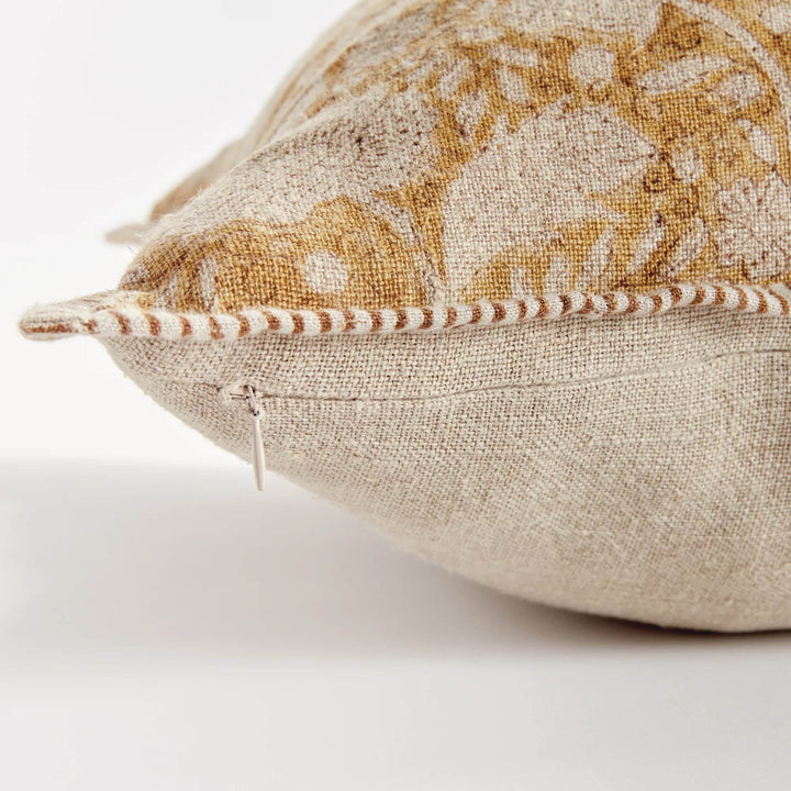 Earthy Ochre Block Print Linen Pillow 20" with Down Alternative