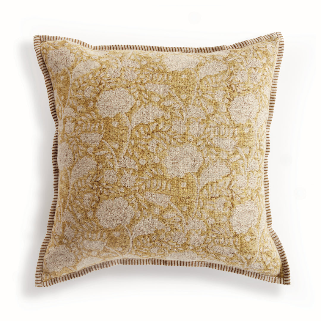Earthy Ochre Block Print Linen Pillow 20" with Down Alternative