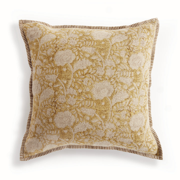Earthy Ochre Block Print Linen Pillow 20" with Down Alternative